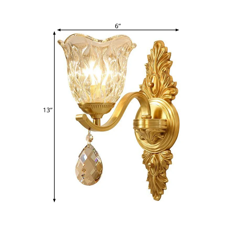 Bellflower-wandlamp van geblazen glas, midden van de eeuw, 1-lichts eetkamer-sconce-verlichting messing Clearhalo