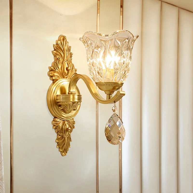 Bellflower-wandlamp van geblazen glas, midden van de eeuw, 1-lichts eetkamer-sconce-verlichting messing Clearhalo