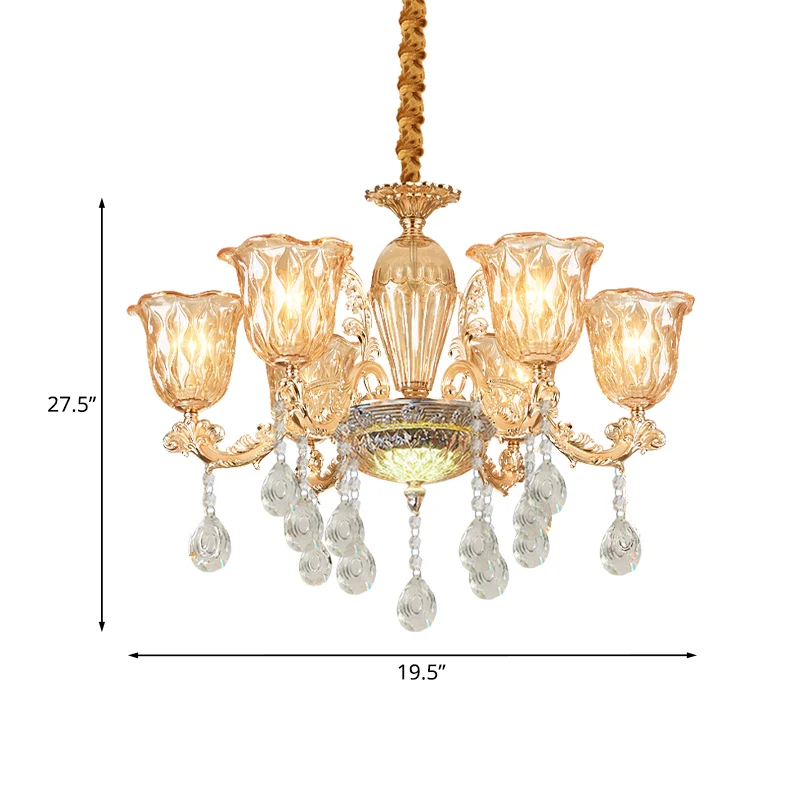 Bell-up kroonluchter, traditioneel goud, helder kiezelglas, hangend lichtarmatuur met 6 lampen boven tafel Clearhalo