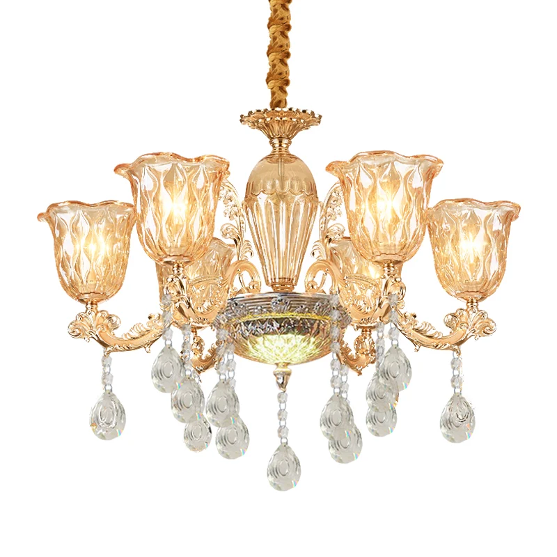 Bell-up kroonluchter, traditioneel goud, helder kiezelglas, hangend lichtarmatuur met 6 lampen boven tafel Clearhalo
