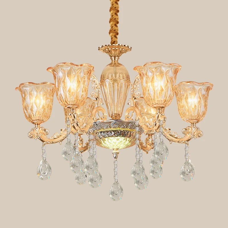 Bell-up kroonluchter, traditioneel goud, helder kiezelglas, hangend lichtarmatuur met 6 lampen boven tafel Clearhalo