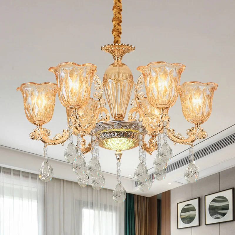 Bell-up kroonluchter, traditioneel goud, helder kiezelglas, hangend lichtarmatuur met 6 lampen boven tafel Clearhalo