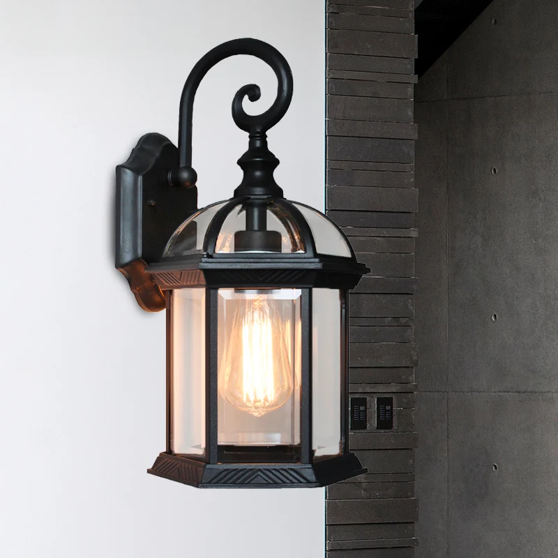 Birdcage Binnenplaats Wandmontage Licht Boerderij Helder Glas 1 Lamp Messing/Zwarte Afwerking Schanslamp Armatuur Clearhalo