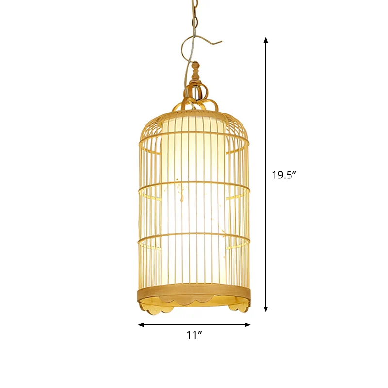 Birdcage Eetkamer Plafondlamp Bamboe 9,5"/14"/16" Brede Aziatische Hanglamp met 1 Licht Beige Clearhalo