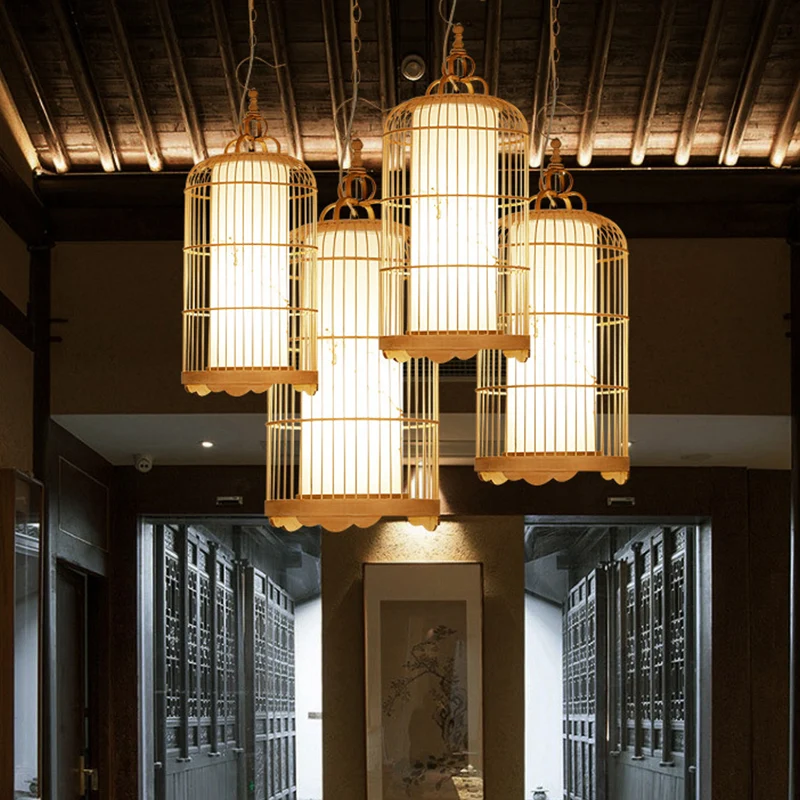 Birdcage Eetkamer Plafondlamp Bamboe 9,5"/14"/16" Brede Aziatische Hanglamp met 1 Licht Beige Clearhalo