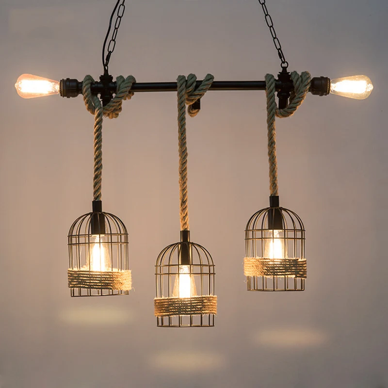 Birdcage Rope Island-plafondlamp Rustieke 5-lichts eetkamer hanglamp zwart Clearhalo