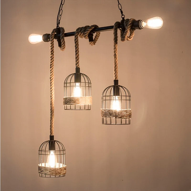 Birdcage Rope Island-plafondlamp Rustieke 5-lichts eetkamer hanglamp zwart Clearhalo