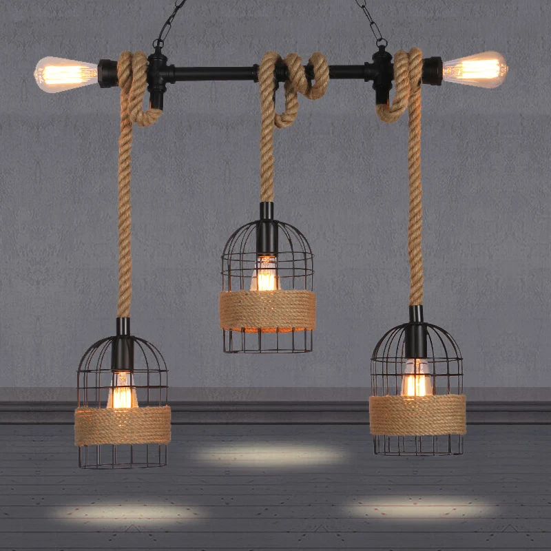 Birdcage Rope Island-plafondlamp Rustieke 5-lichts eetkamer hanglamp zwart Clearhalo