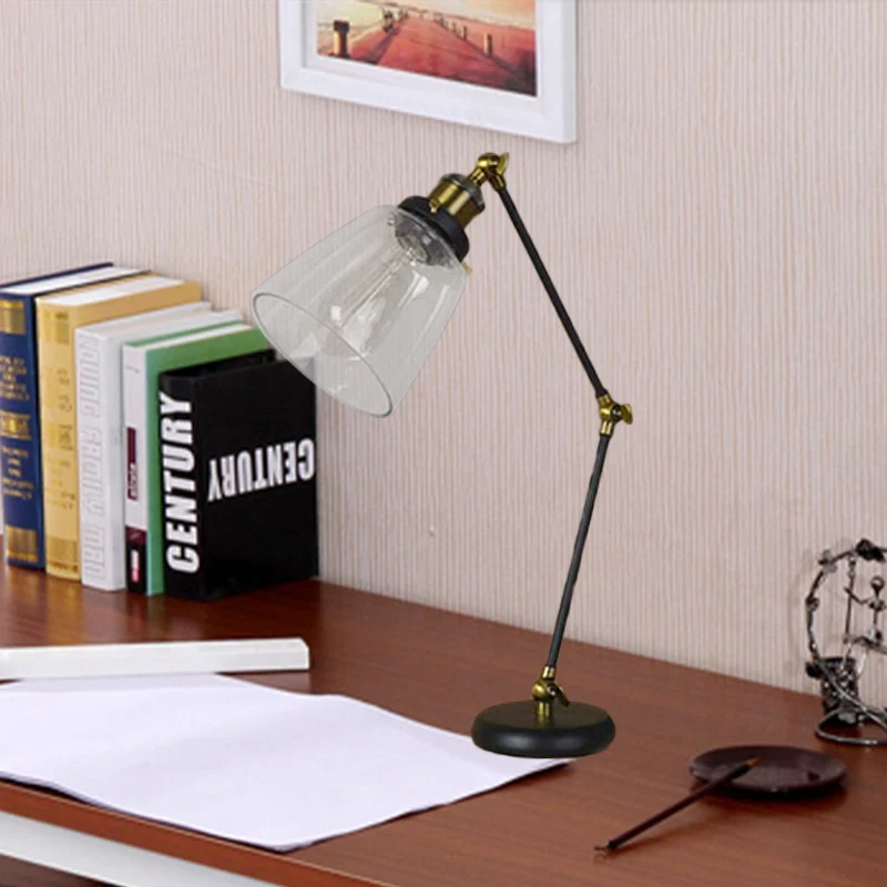 Black One Light Bureauverlichting Industriële helderglazen taps toelopende leeslamp met zwenkarm Clearhalo