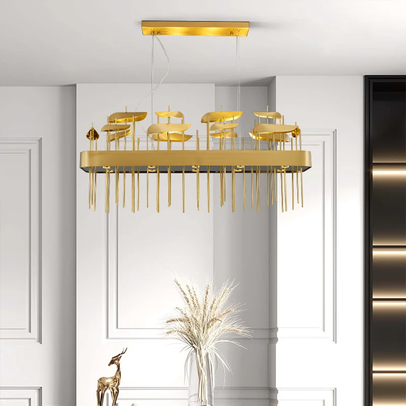 Bladgoudvormige ophangverlichting Postmoderne roestvrijstalen kroonluchter voor eetkamer Clearhalo