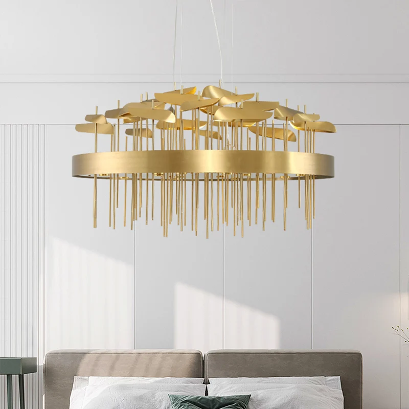 Bladgoudvormige ophangverlichting Postmoderne roestvrijstalen kroonluchter voor eetkamer Clearhalo