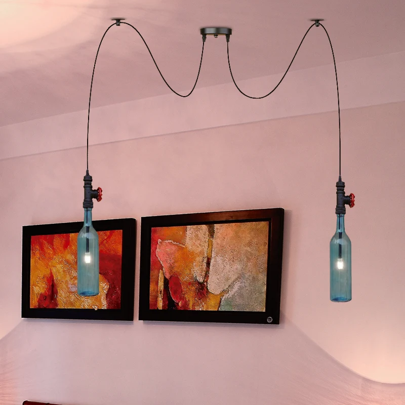 Blauw glas zwart Swag Cluster hanglamp fles 2/3/6 lampen Vintage hanglampset voor restaurant Clearhalo