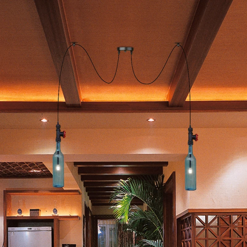 Blauw glas zwart Swag Cluster hanglamp fles 2/3/6 lampen Vintage hanglampset voor restaurant Clearhalo