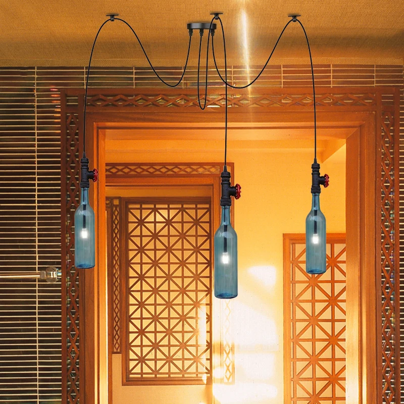 Blauw glas zwart Swag Cluster hanglamp fles 2/3/6 lampen Vintage hanglampset voor restaurant Clearhalo