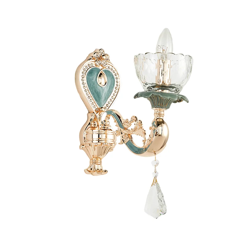 Blauw en goud enkele blaker lichtarmatuur traditioneel kristal gebogen arm muurverlichting idee Clearhalo