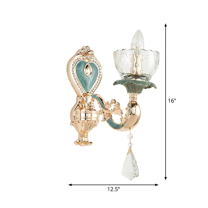 Blauw en goud enkele blaker lichtarmatuur traditioneel kristal gebogen arm muurverlichting idee Clearhalo