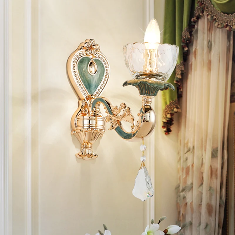Blauw en goud enkele blaker lichtarmatuur traditioneel kristal gebogen arm muurverlichting idee Clearhalo