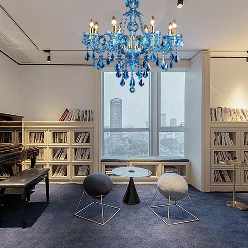 Blauwe kandelaar/belkroonluchter licht modernisme 8/18 koppen afgeschuind glas kristallen hanglamp met schaduw/schaduwloos...