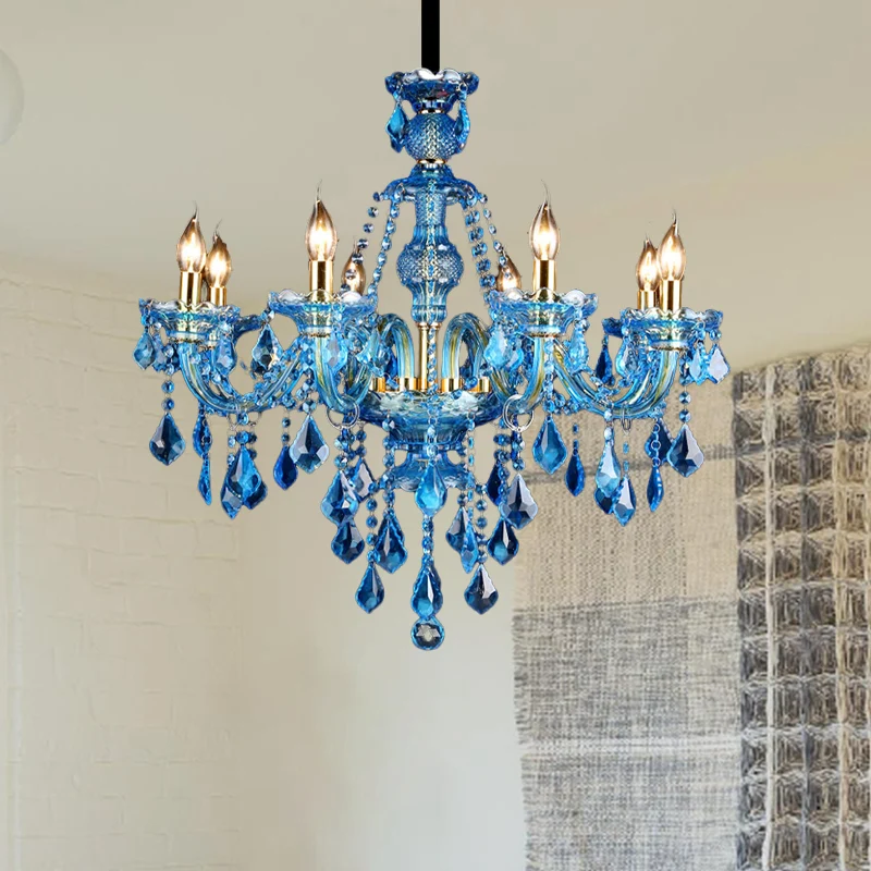 Blauwe kandelaar/belkroonluchter licht modernisme 8/18 koppen afgeschuind glas kristallen hanglamp met schaduw/schaduwloos...