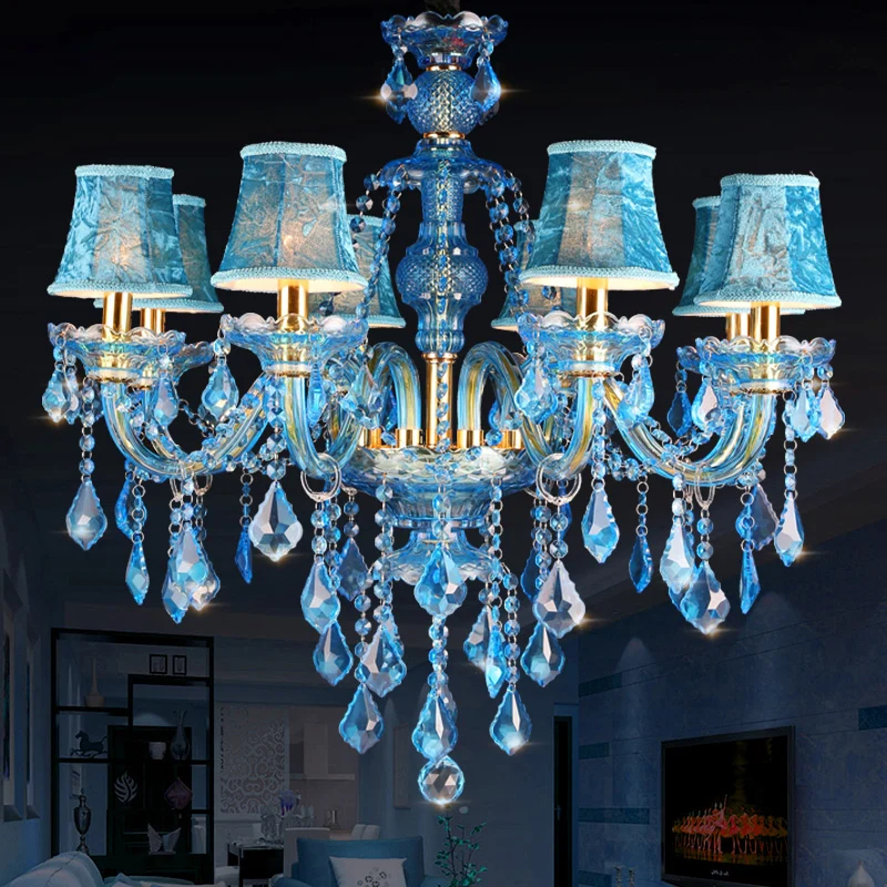 Blauwe kandelaar/belkroonluchter licht modernisme 8/18 koppen afgeschuind glas kristallen hanglamp met schaduw/schaduwloos...