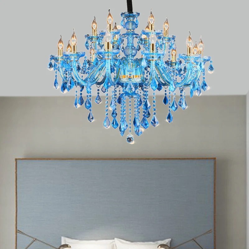 Blauwe kandelaar/belkroonluchter licht modernisme 8/18 koppen afgeschuind glas kristallen hanglamp met schaduw/schaduwloos...