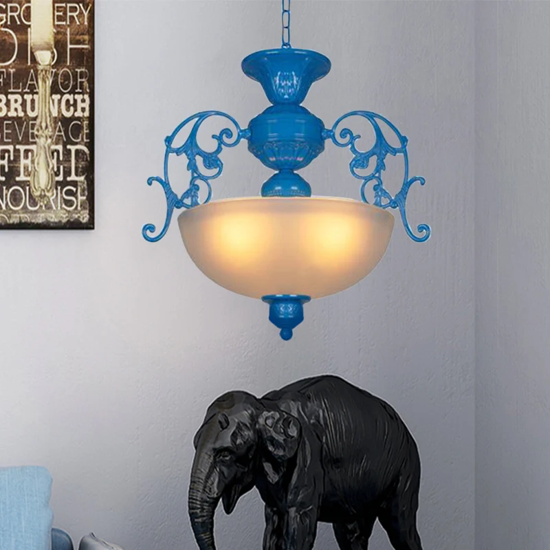 Blauwe kom kroonluchterlamp klassieke stijl metaal 3 lampen woonkamer hanglamp Clearhalo