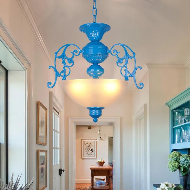 Blauwe kom kroonluchterlamp klassieke stijl metaal 3 lampen woonkamer hanglamp Clearhalo