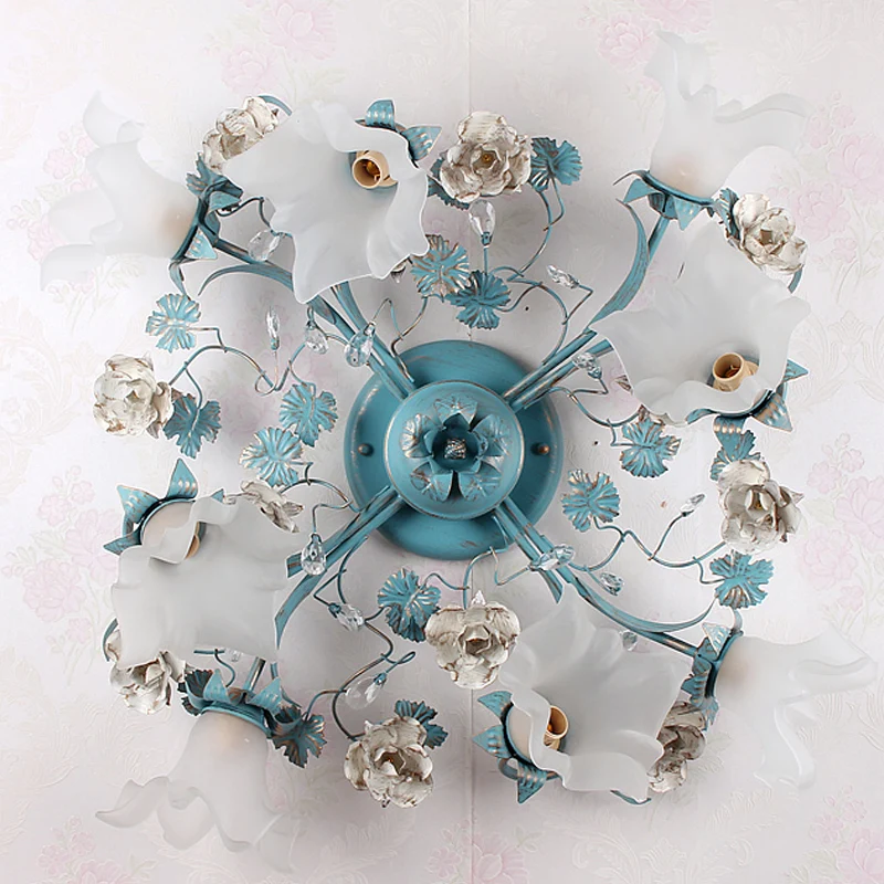 Blauwe 6/8 lampen semi-inbouw plafondlamp Pastorale stijl bloemvorst wit glazen plafondlamp voor slaapkamer Clearhalo
