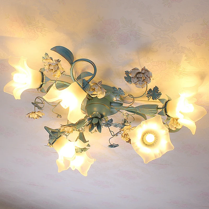 Blauwe 6/8 lampen semi-inbouw plafondlamp Pastorale stijl bloemvorst wit glazen plafondlamp voor slaapkamer Clearhalo