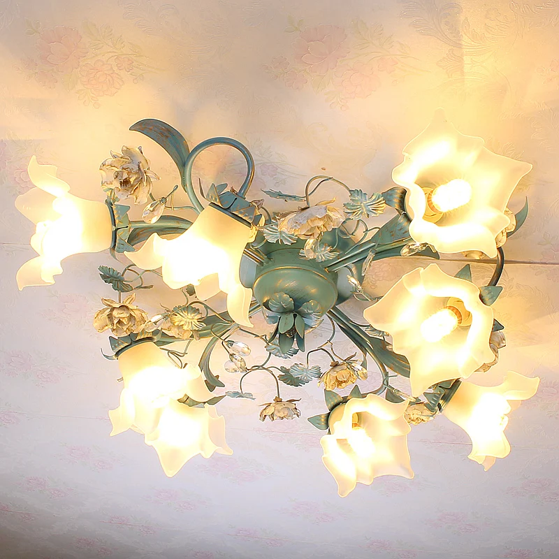 Blauwe 6/8 lampen semi-inbouw plafondlamp Pastorale stijl bloemvorst wit glazen plafondlamp voor slaapkamer Clearhalo