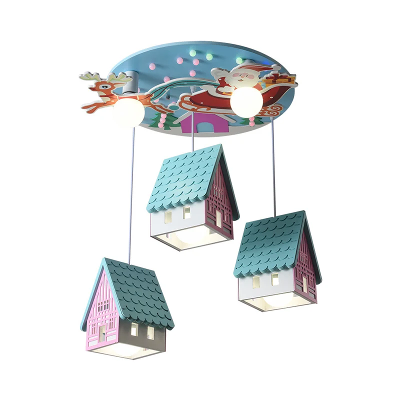 Blauwe tegel-dak huis cluster hanger cartoon 5 lampen houten hangende lichtarmatuur voor kinderkamer Clearhalo
