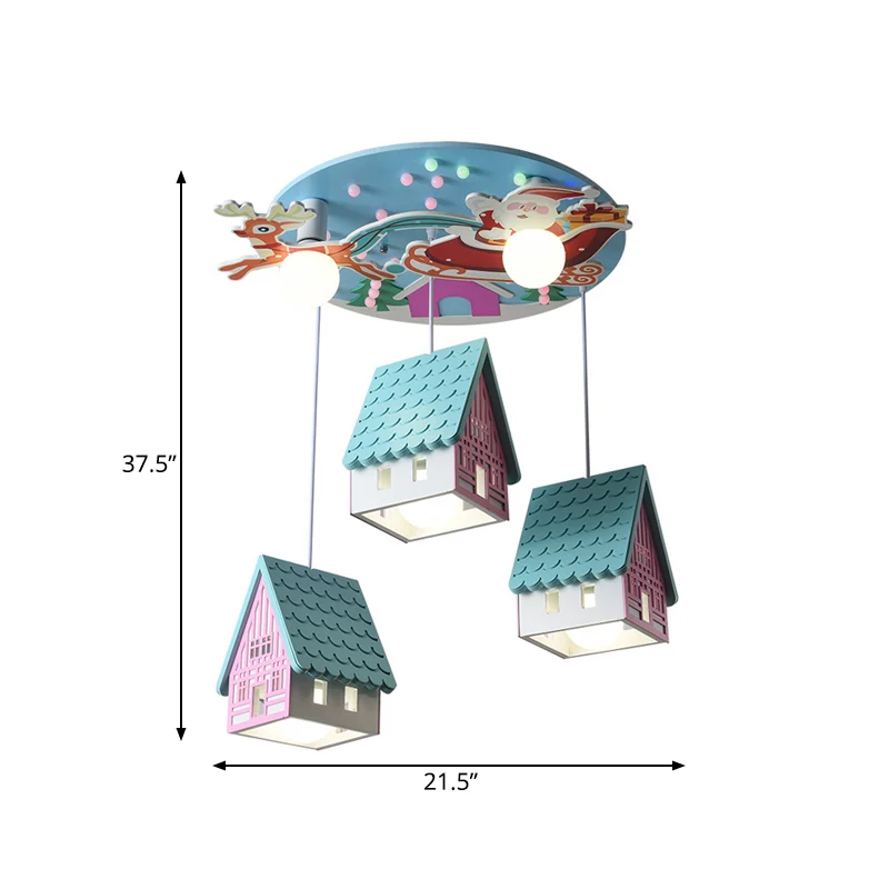 Blauwe tegel-dak huis cluster hanger cartoon 5 lampen houten hangende lichtarmatuur voor kinderkamer Clearhalo