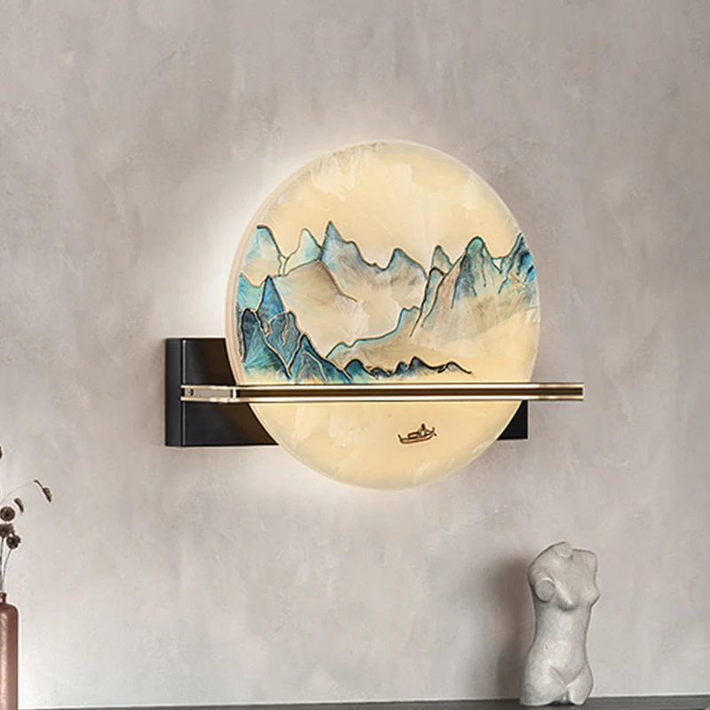 Blauwe en witte heuvels schilderij muurschildering licht Chinese metalen LED-inbouw wandkandelaar voor nachtkastje Clearhalo
