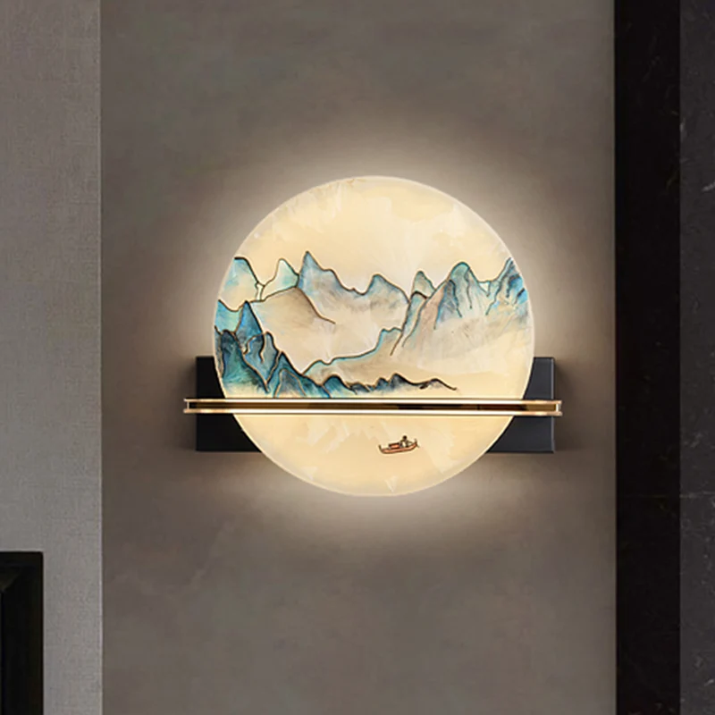 Blauwe en witte heuvels schilderij muurschildering licht Chinese metalen LED-inbouw wandkandelaar voor nachtkastje Clearhalo