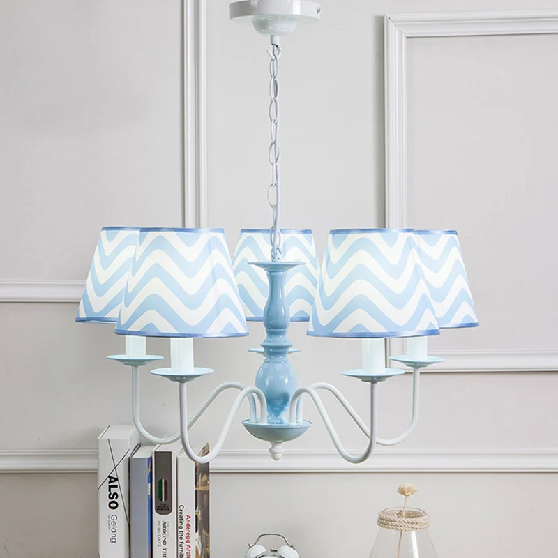 Blauwe zigzag hanglamp met stoffen kap moderne metalen kroonluchter voor kinderslaapkamer Clearhalo
