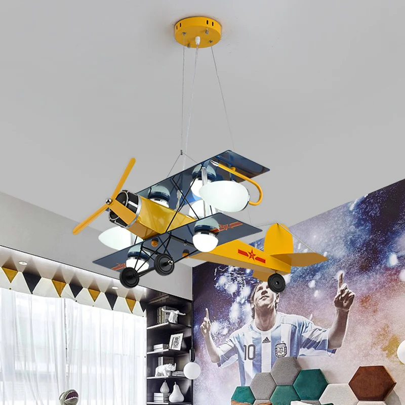 Blauw/Gele Prop Vliegtuig Kroonluchter Verlichting Cartoon Stijl 7 Lichten Metalen Hangende Plafondarmatuur voor Slaapkame...