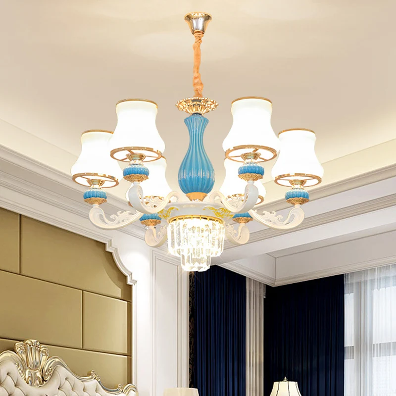 Blauw-witte kroonluchter met 6 koppen, hedendaagse opaalglas, gebogen kristallen hangende hanger Clearhalo
