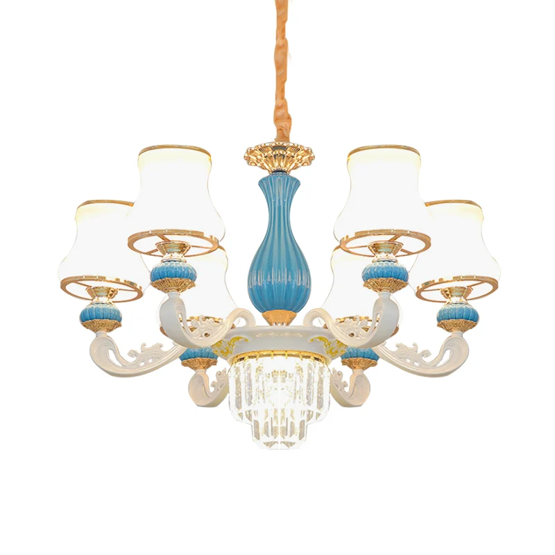 Blauw-witte kroonluchter met 6 koppen, hedendaagse opaalglas, gebogen kristallen hangende hanger Clearhalo