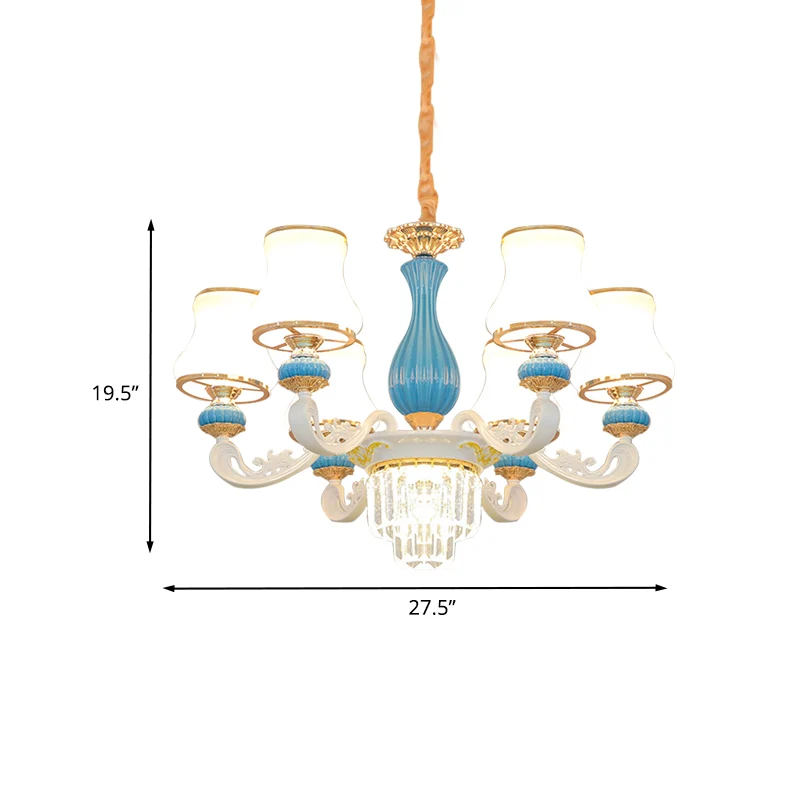 Blauw-witte kroonluchter met 6 koppen, hedendaagse opaalglas, gebogen kristallen hangende hanger Clearhalo