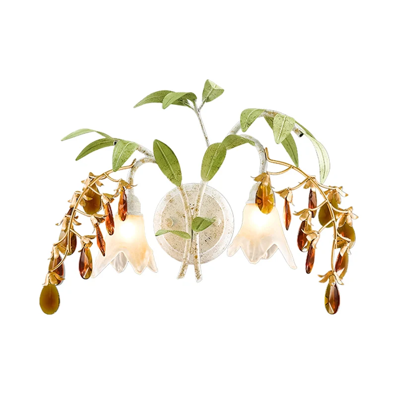 Bloem woonkamer wandlamp rustiek wit glas 2 lampen schanslicht met amber kristal accent Clearhalo