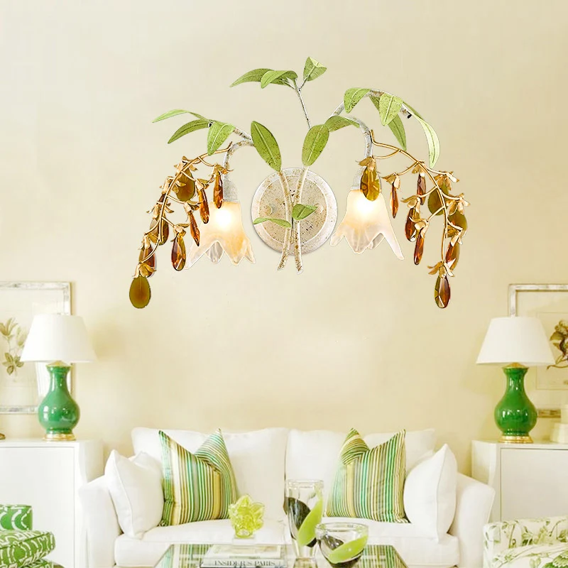Bloem woonkamer wandlamp rustiek wit glas 2 lampen schanslicht met amber kristal accent Clearhalo