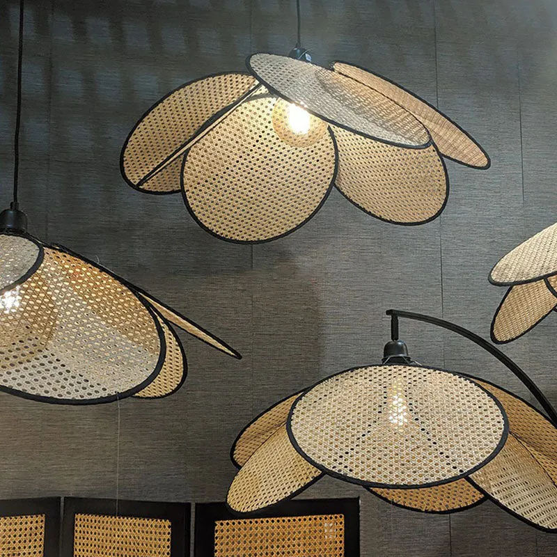 Bloemachtige plafondverlichting Aziatische stijl rotan 1-lamps houten hanglamp voor theesalon Clearhalo