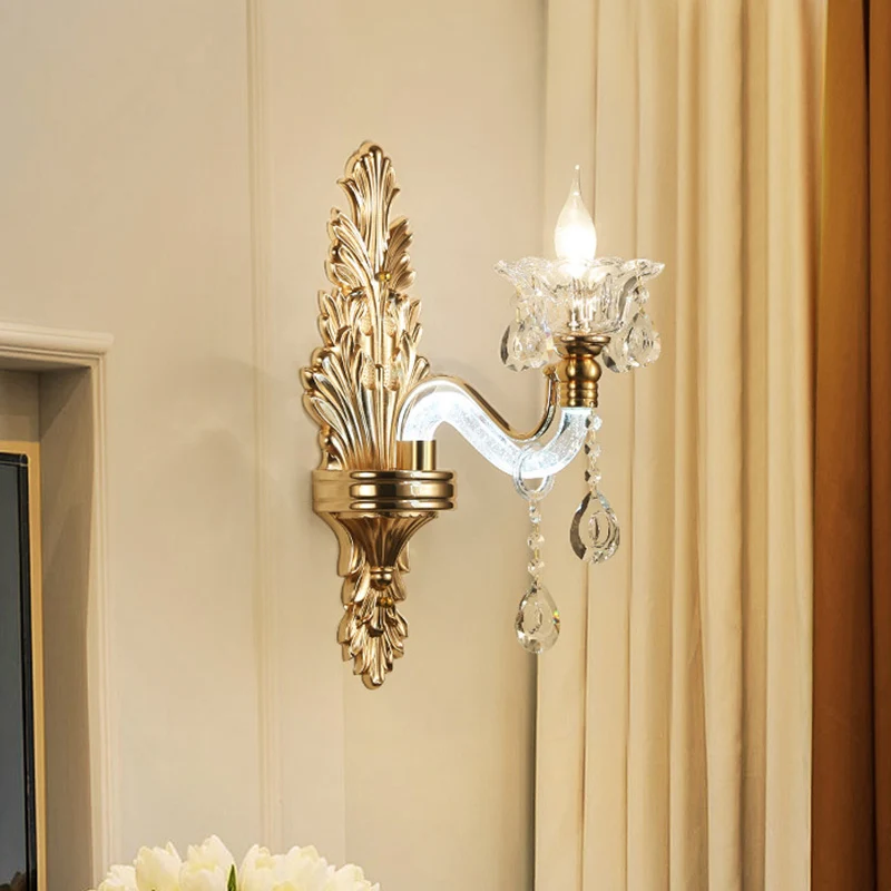 Bloemen wandkandelaar modernistische stijl helder kristal 1/2-licht gouden wandlamp met gebogen arm voor woonkamer Clearhalo