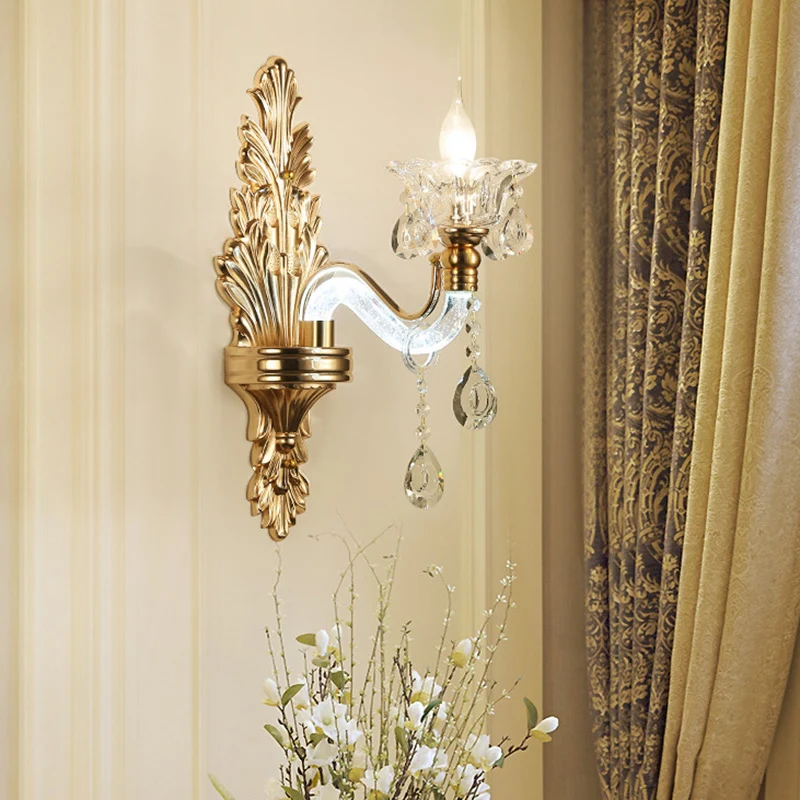 Bloemen wandkandelaar modernistische stijl helder kristal 1/2-licht gouden wandlamp met gebogen arm voor woonkamer Clearhalo