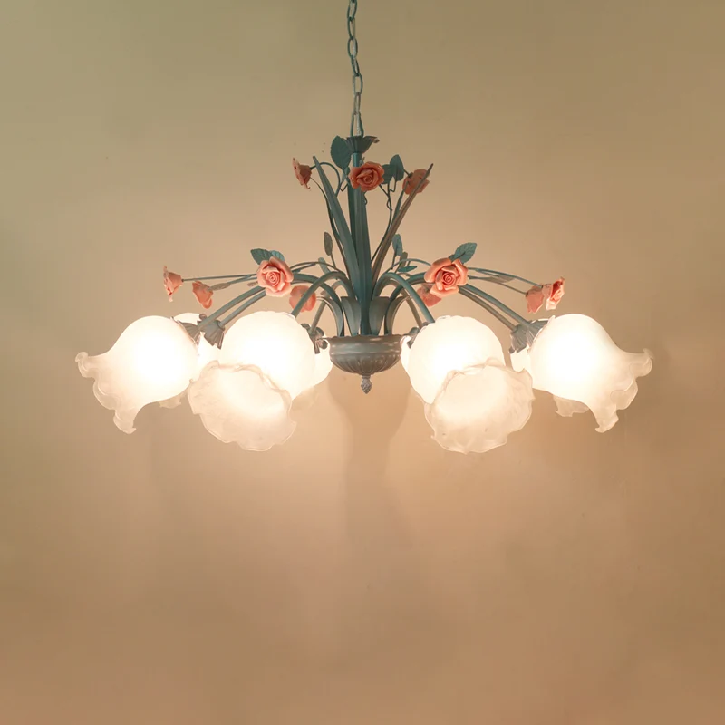 Bloemen witte glazen kroonluchter licht platteland 8 lampen woonkamer hanglamp blauw Clearhalo