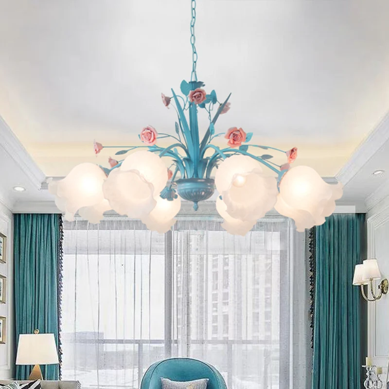 Bloemen witte glazen kroonluchter licht platteland 8 lampen woonkamer hanglamp blauw Clearhalo