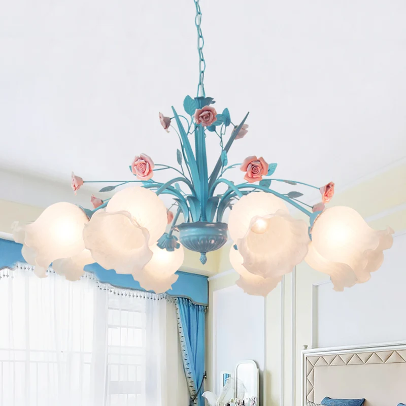 Bloemen witte glazen kroonluchter licht platteland 8 lampen woonkamer hanglamp blauw Clearhalo