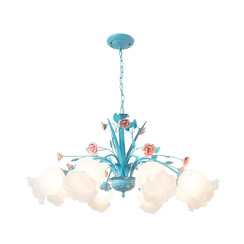 Bloemen witte glazen kroonluchter licht platteland 8 lampen woonkamer hanglamp blauw Clearhalo