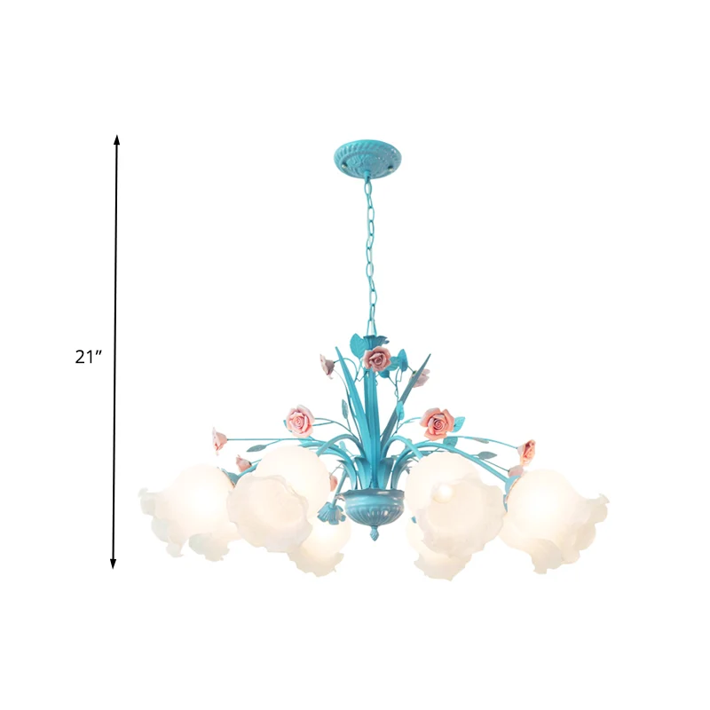 Bloemen witte glazen kroonluchter licht platteland 8 lampen woonkamer hanglamp blauw Clearhalo