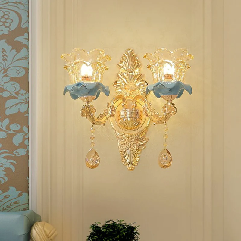 Bloemenglazen wandverlichtingsarmatuur Traditionele 2-lichts gangwandlamp goud Clearhalo